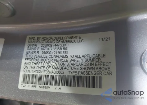 2022 Honda Accord Sport from USA, damaged, VIN 1HGCV1F35NA003663